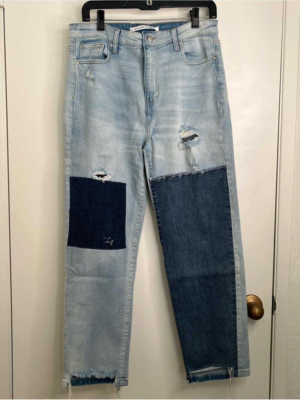 Celebrity Pink Two-Tone Light Blue Patchwork Butterfly patch Straight Jean 13/31
